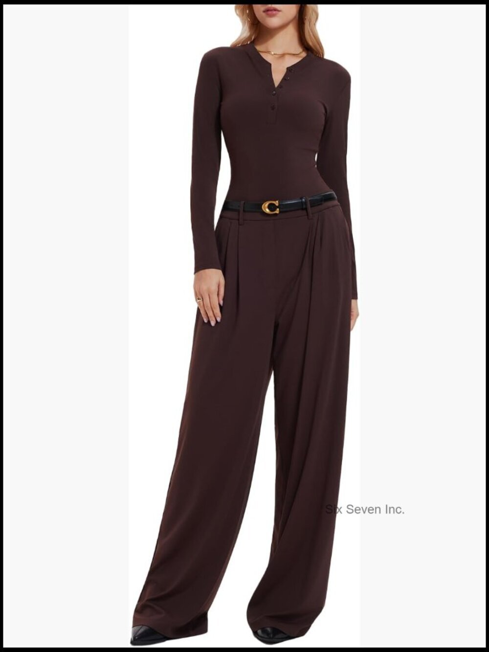 2 Piece Lounge Set Long Sleeve Henley Tops Wide Leg Pants with Pockets Slim Fit